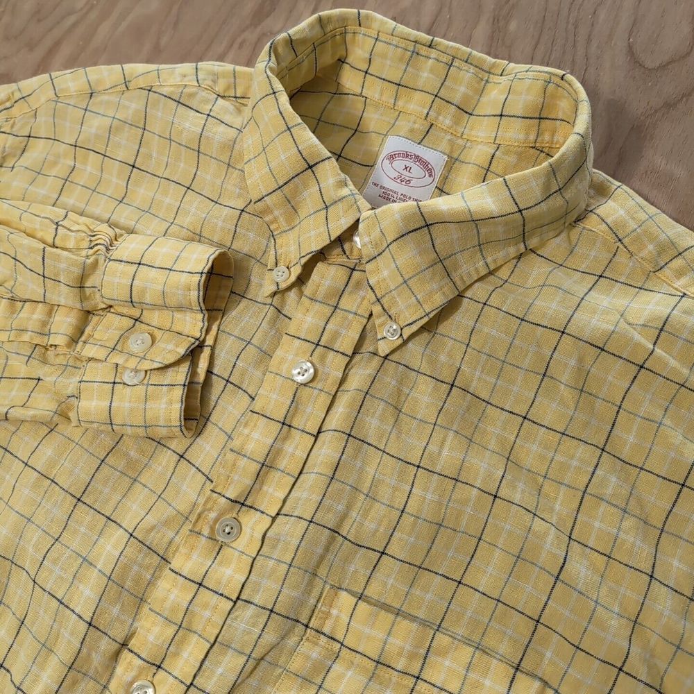 Brooks Brothers Shirt Men's XL Yellow 100% Linen 346 Button Down Blue White